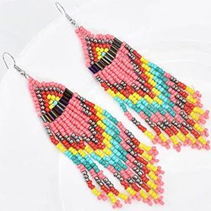 Long 4.5" Pink Turquoise Red Oversized Earrings New Southwestern Tassel